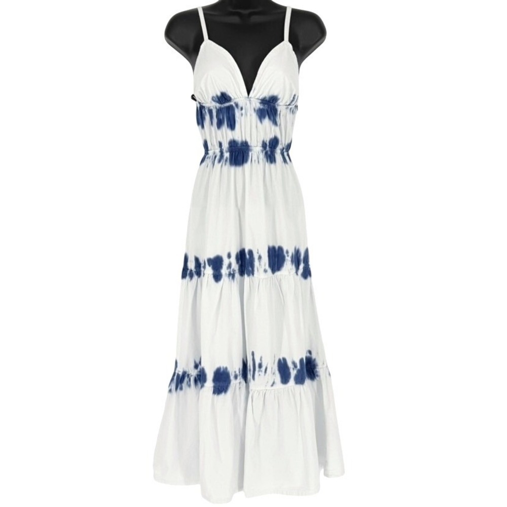 Forever 21 Womens Blue White Tie Dye Tiered Cotton Maxi Dress Smocked Waist S